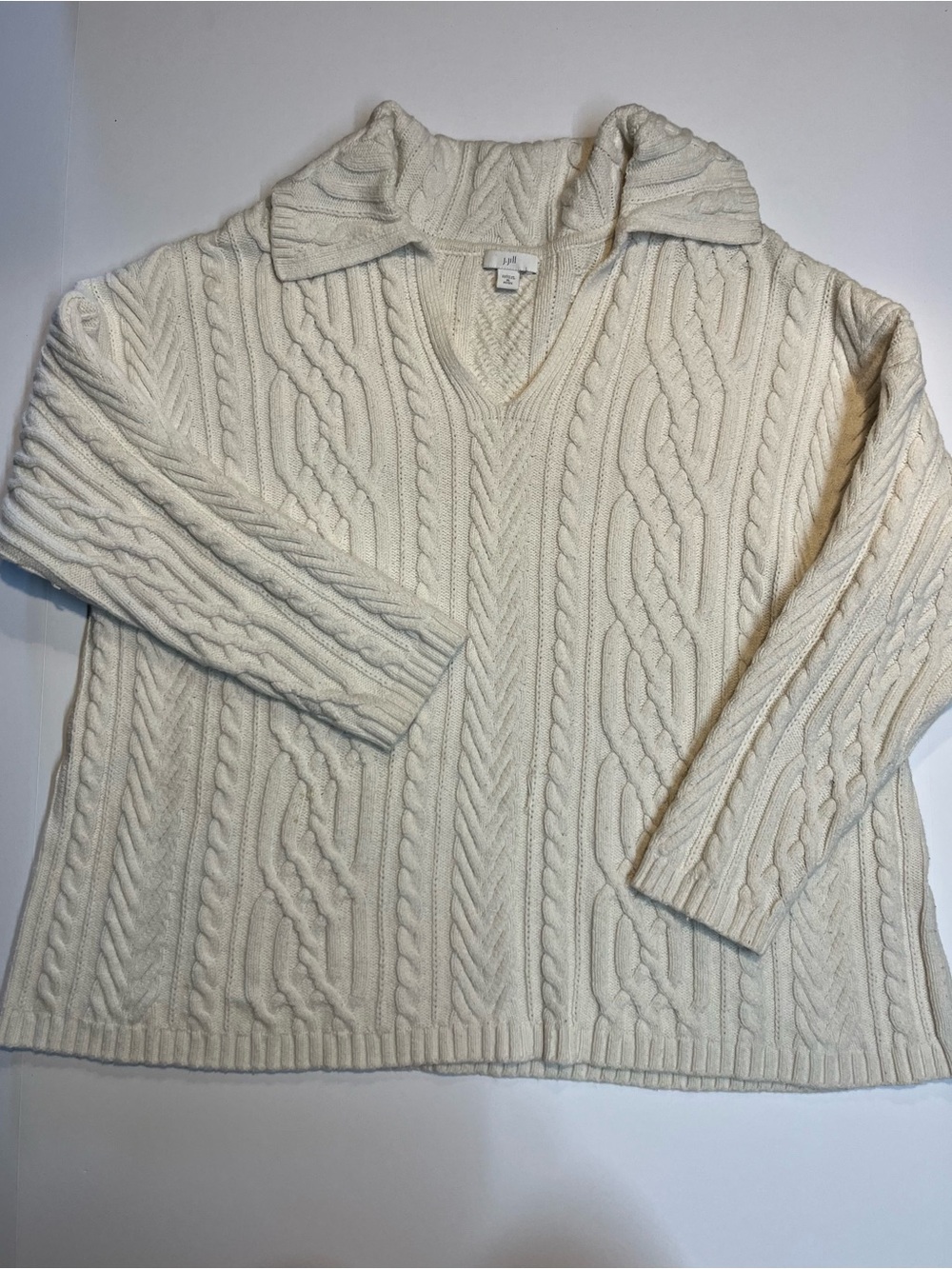 J. Jill Cream Cable V-Neck Sweater with Fold-Over Collar